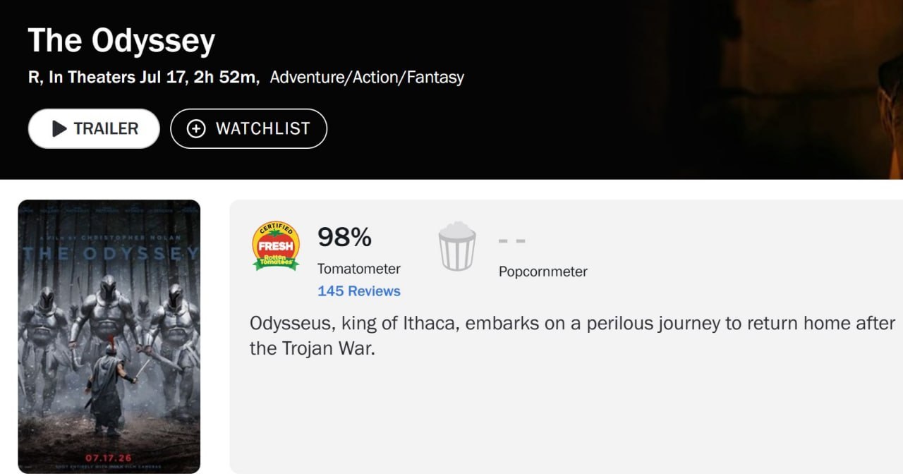 ⚡️«Одиссея» покорила критиков — у фильма 98% на Rotten Tomatoes